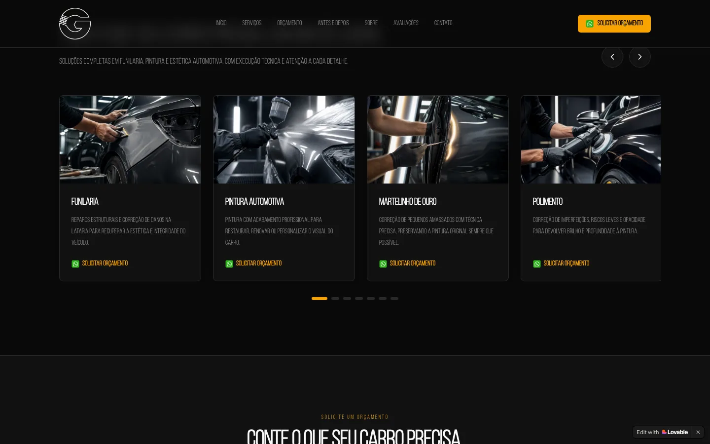 Página de serviços do site institucional da Garagi