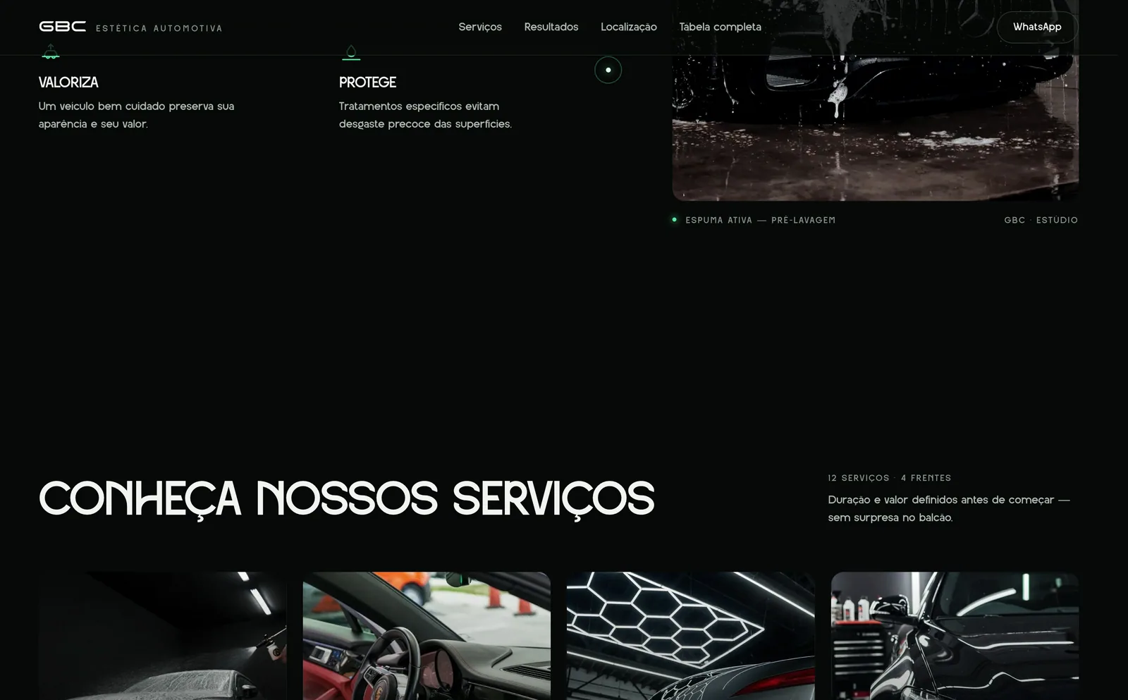 Grade de serviços: Lavagem & Cuidado Externo, Cuidado Interno, Correção & Polimento, Restauração