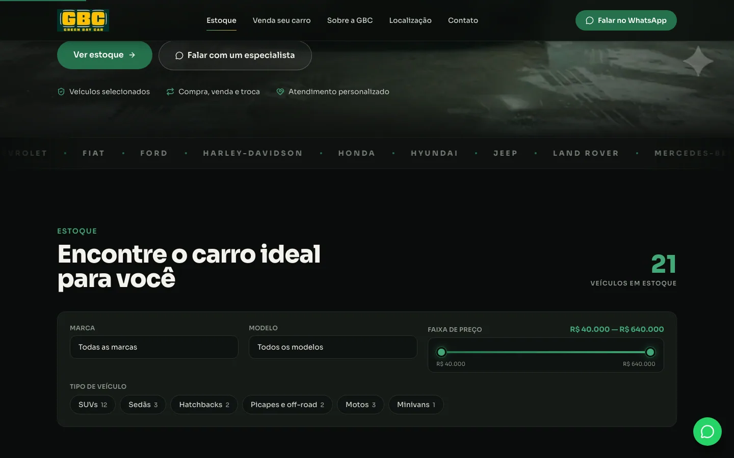 Página de detalhe de um veículo da Green Bay Car