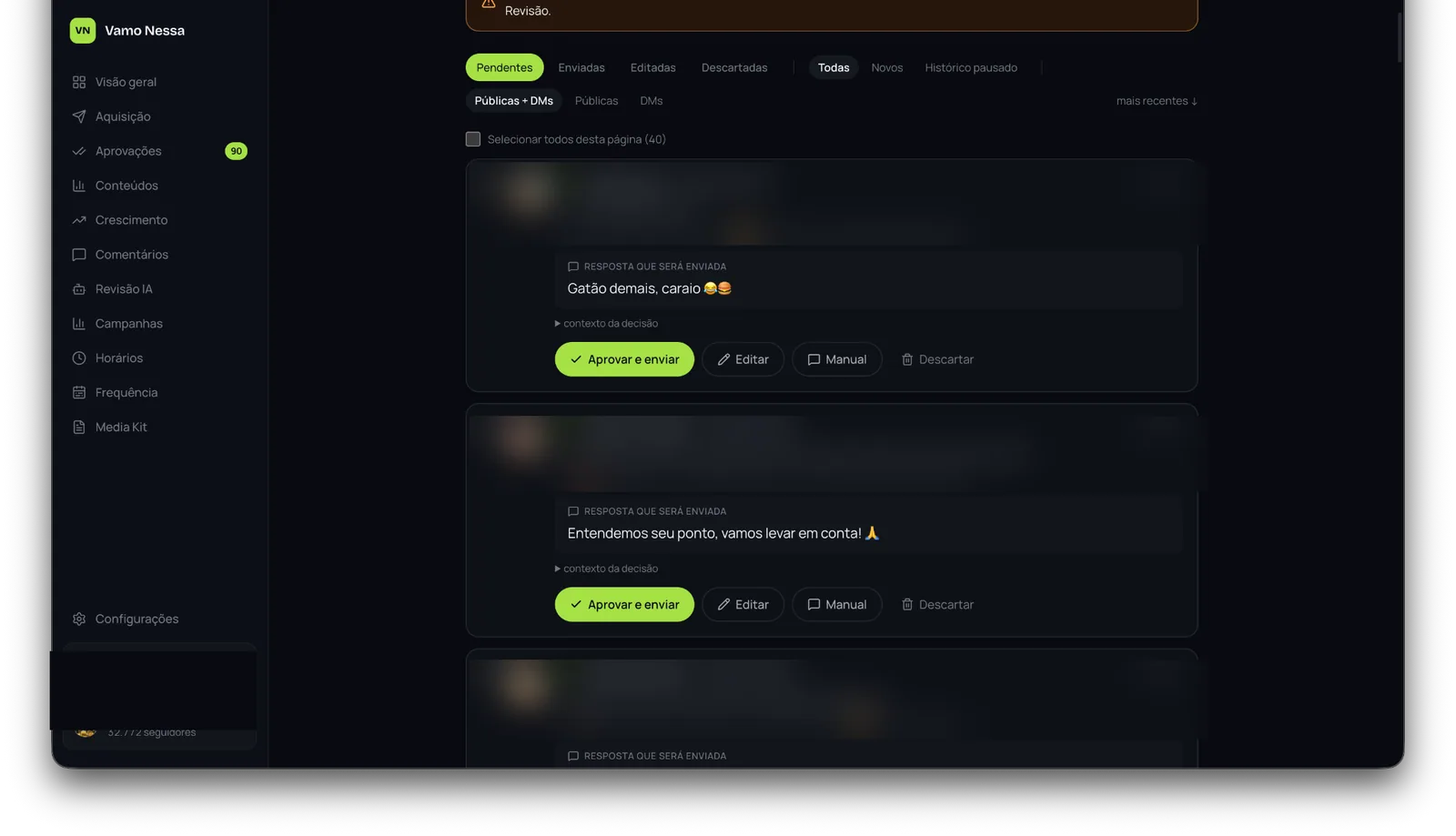 Aprovação de respostas assistidas por IA no painel Vamo Nessa SP