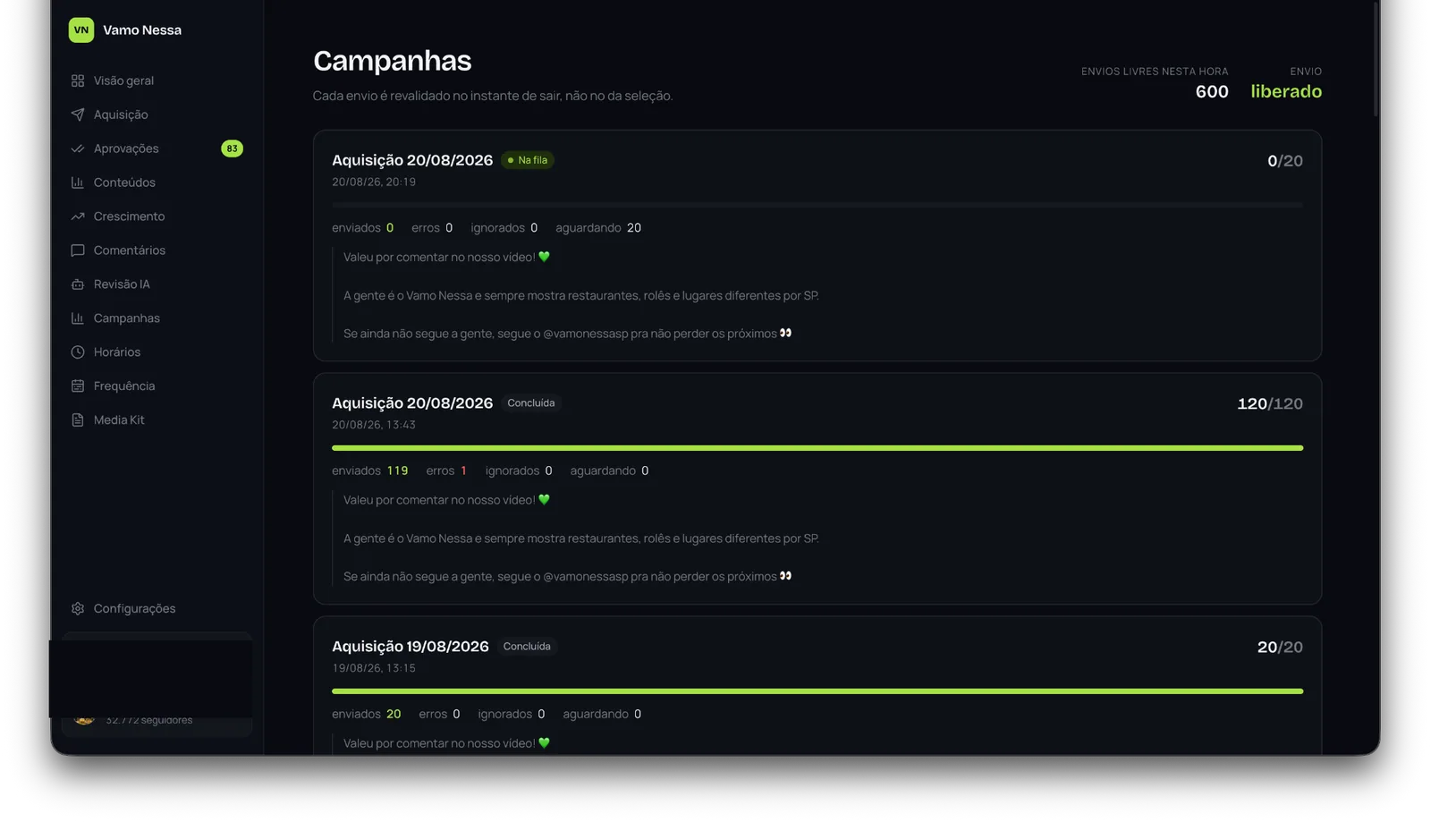 Campanhas de contato e envio no painel Vamo Nessa SP